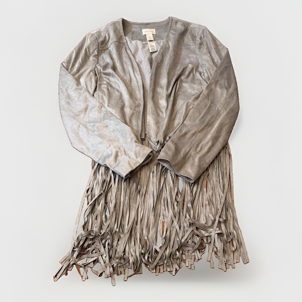 Chico's Size 0 Gray Faux Suede Fringe Jacket Open Front Western Boho